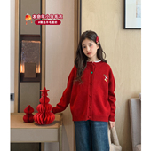 2025冬季 新款 少女韩版 女大童刺绣新年红色开衫 圆领针织衫 学生毛衣