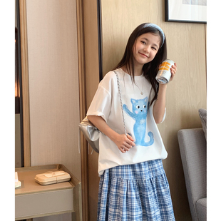 女大童韩版猫咪短袖2026夏季新款青少年刺绣宽松大版T恤学生上衣