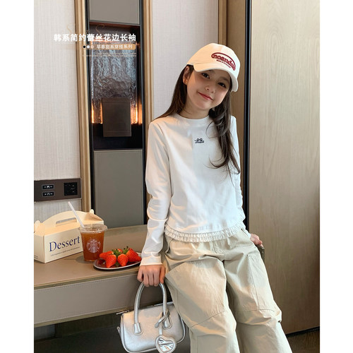 拼接蕾丝边韩版修身短款字母T恤