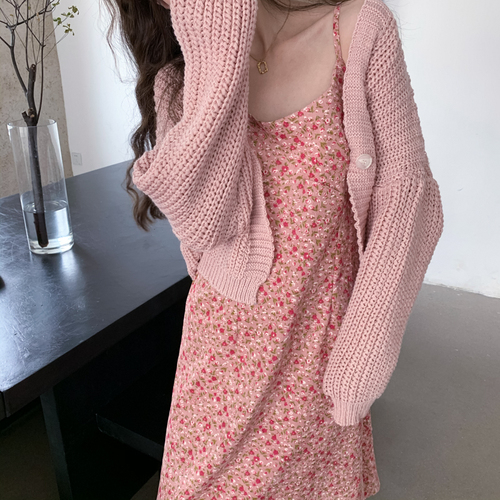 Real price real shot 2021 women's loose knit cardigan sweater women + floral suspender dress skirt two-piece set