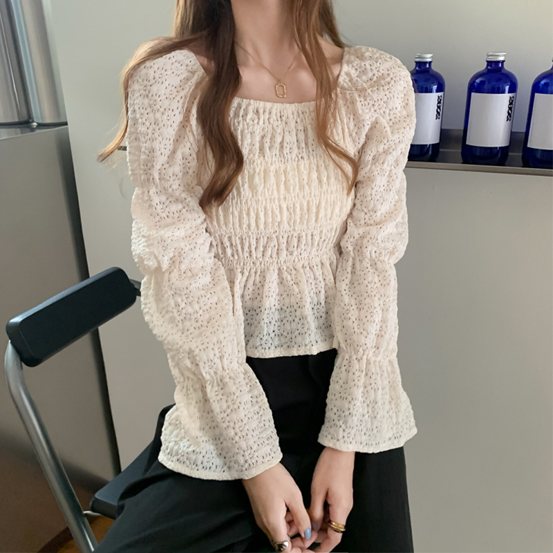 Real price real shot spring 2021 new style square collar pleated long sleeve shirt women's slim short Floral Top