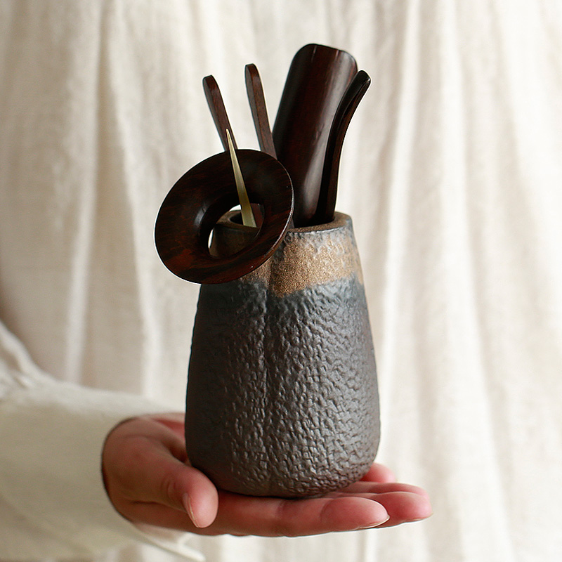 复古黑檀木粗陶功夫茶具