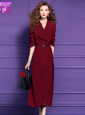 菲梦伊红色连衣裙女2025秋季翻领设计感时尚气质显瘦阔太太中长裙
