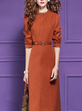 菲梦伊钉珠红色连衣裙女秋装小香风名媛端庄时尚气质修身A字裙子