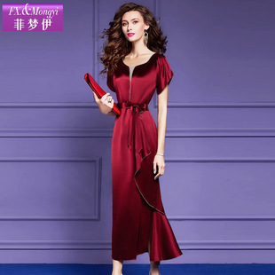 菲梦伊红色连衣裙女短袖夏装时尚修身优雅气质荷叶边钉珠包臀裙子