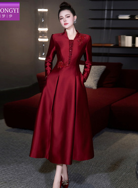 菲梦伊钉珠红色连衣裙女冬季高端名媛气质高腰结婚喜宴礼服敬酒服