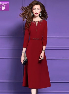 菲梦伊钉珠红色连衣裙女秋装优雅轻熟时尚气质修身中长款A字裙子