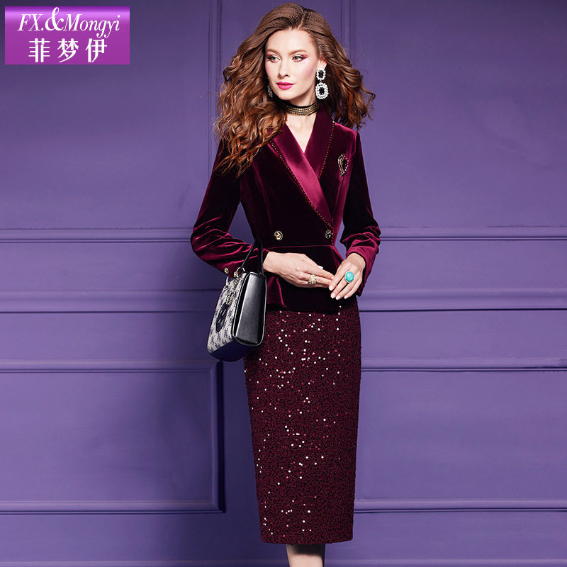 菲梦伊钉珠亮片金丝绒西装连衣裙女冬春复古修身假两件职业包臀裙,女装/女士精品,连衣裙,淘宝优惠券,粉丝福利购,淘宝优惠卷