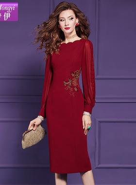 菲梦伊重工刺绣红色连衣裙女长袖秋季轻熟气质优雅高腰收腰职业裙