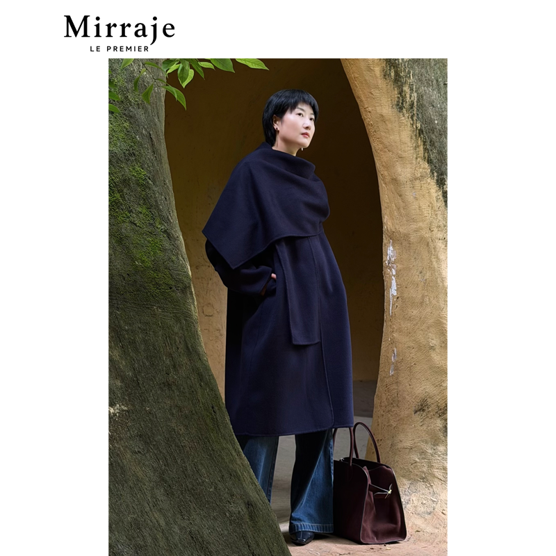 Mirraje羊毛混纺复古宽松围巾披肩长款双面呢大衣外套