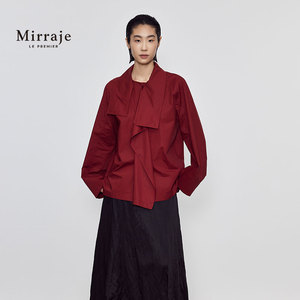Mirraje 秋季新款衬衣红色牧游之红松弛多穿领不对称衬衫外套