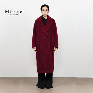 Mirraje秋冬款安可拉红羊毛马海毛大衣女中长款双排扣毛呢外套