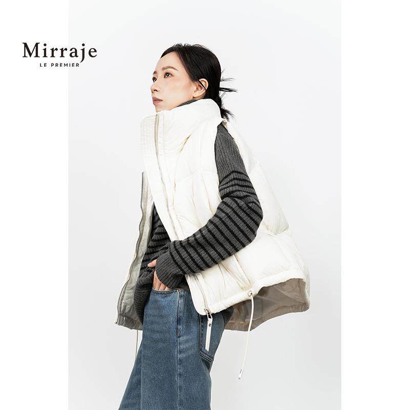 Mirraje白鸭绒短款羽绒马甲搭配山羊绒条纹翻领套头拉链针织衫