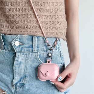 小众粉色皮质适用华为苹果airpodspro二代耳机保护套23456代长挂脖绳华为freebuds456i女pro23 clipse2耳机壳