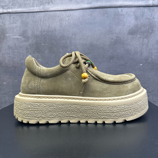 复古卡其色厚底松糕鞋 串珠男鞋 男士 新款 增高大头德比鞋 街拍设计款