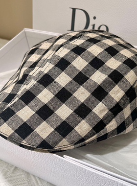 夏季前进帽子女款英伦风亚麻透气贝雷帽格子新款鸭舌帽洋气画家帽