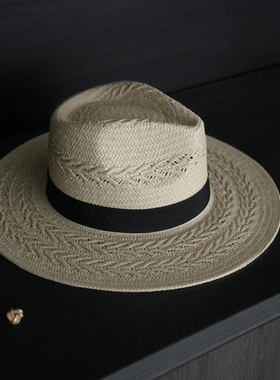 春夏新款法式度假草帽手编麦穗花纹宽檐平顶礼帽遮阳草编帽子女