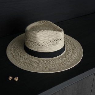 春夏新款 度假草帽手编麦穗花纹宽檐平顶礼帽遮阳草编帽子女 法式