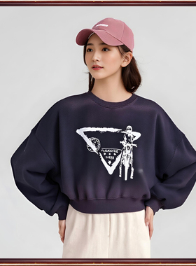 拓谷潮牌春秋短款圆领个性扎染做旧磨白休闲时尚长袖卫衣女40736