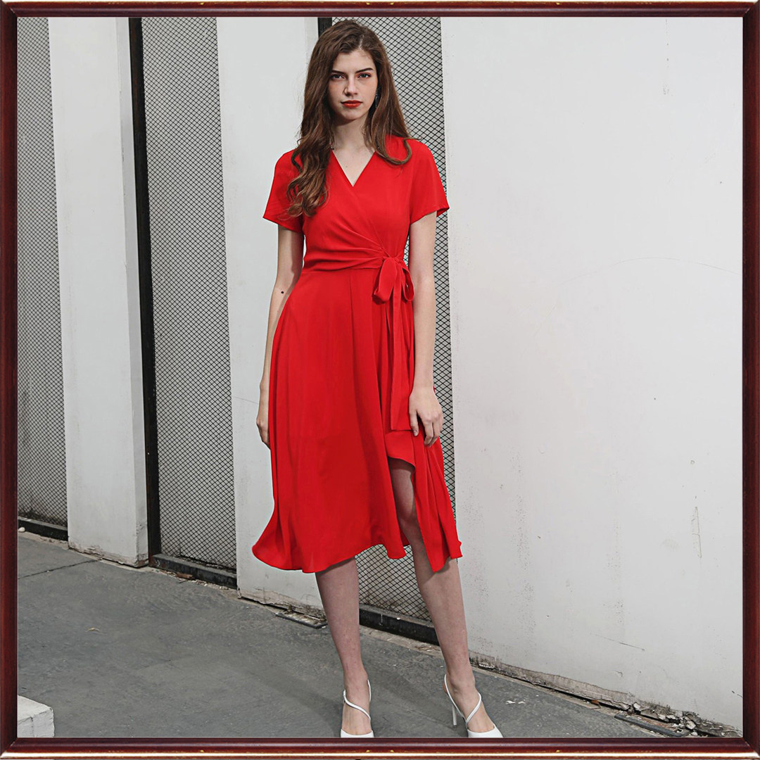 专柜撤柜艾丽zhe女装夏季红色气质法式V领短袖中长款修身连衣裙