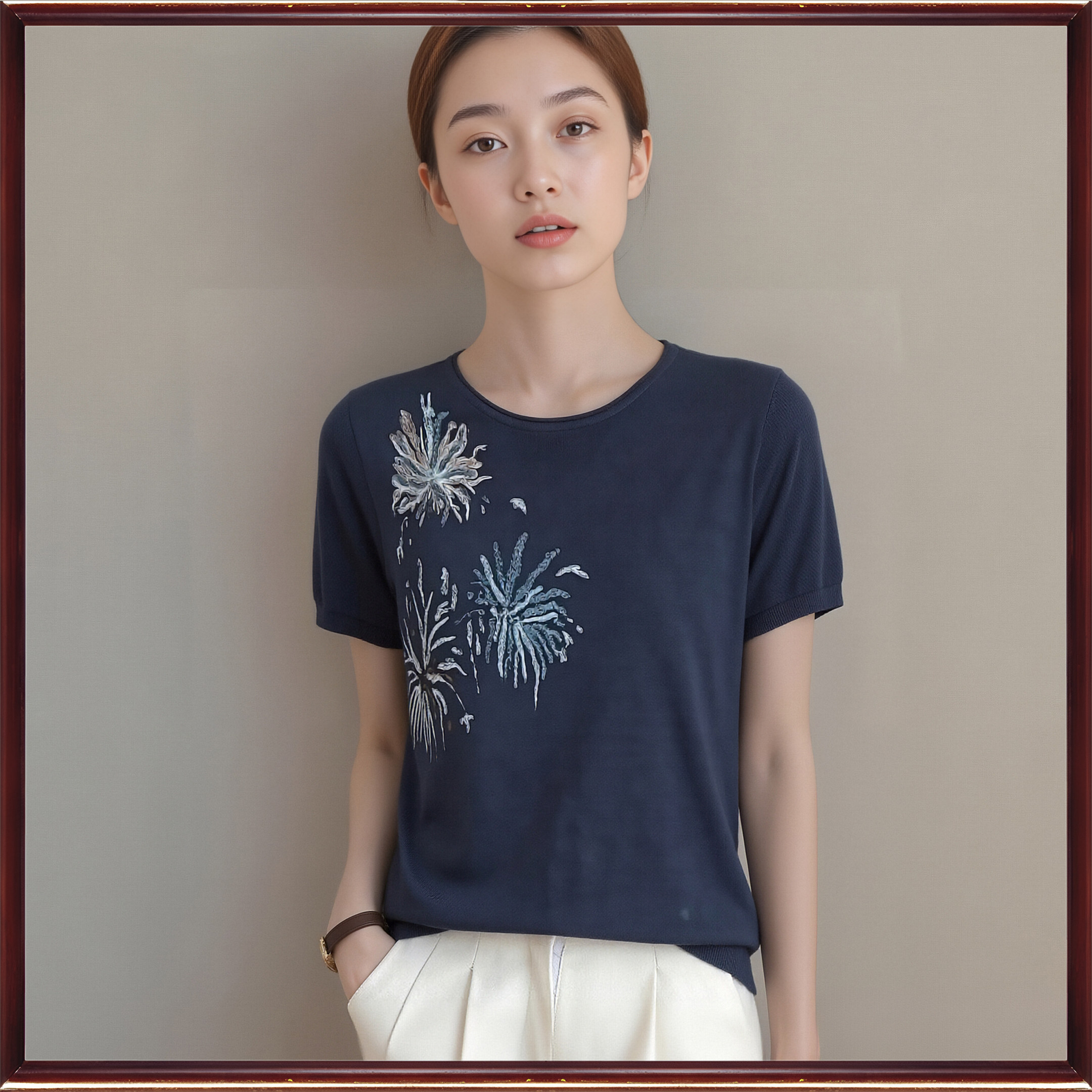 鼎成麻业2026夏季薄款休闲文艺亚麻针织衫刺绣圆领短袖T恤女8199