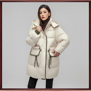 正品朗斯莉冬中长款时尚百搭白鸭羽绒服收腰连帽保暖外套女167