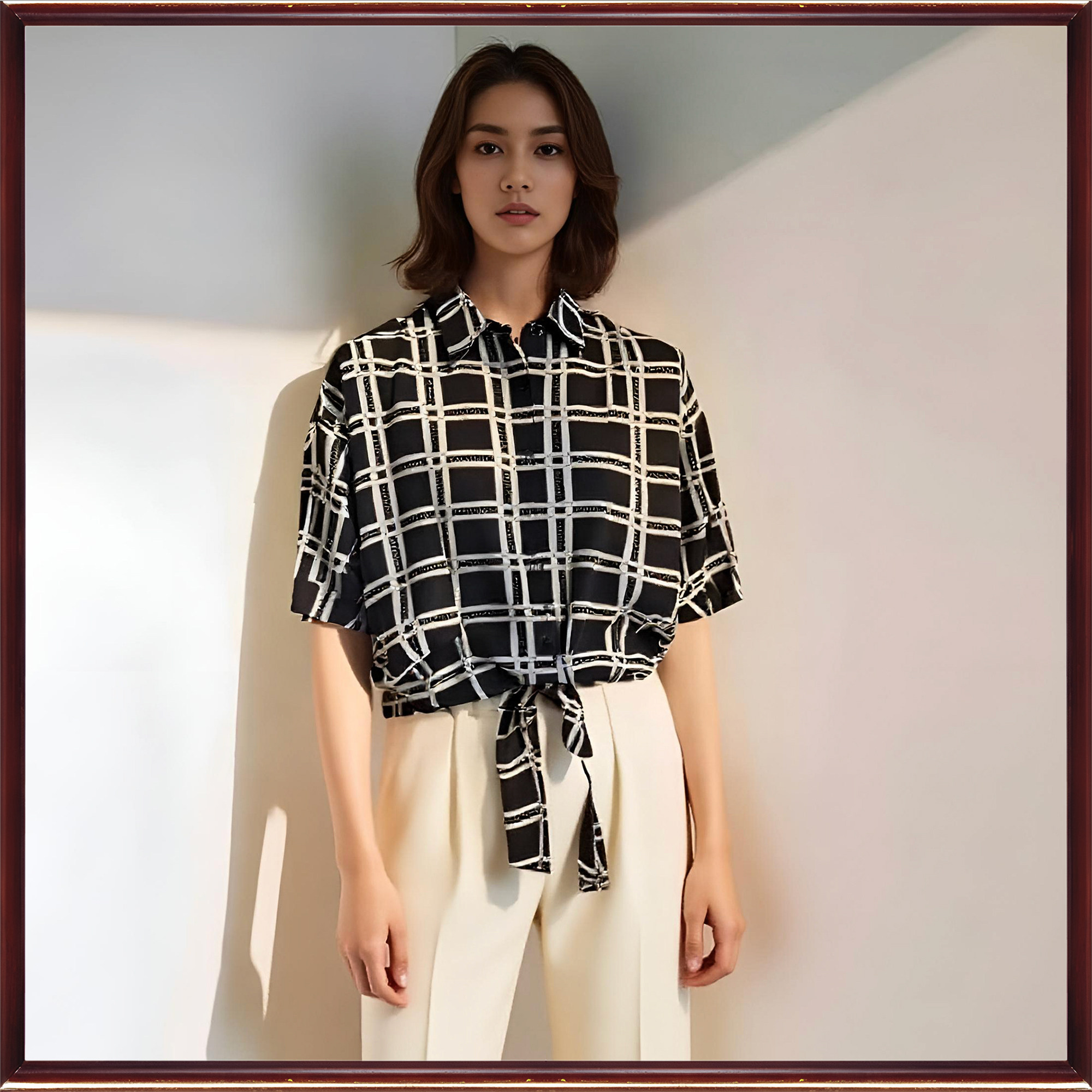 专柜拓谷潮牌断码折扣夏季复古格子雪纺宽松绑带短袖衬衫女40479