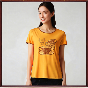 衣之庄园夏季断码折扣 纯棉修身百搭短袖锈花圆领T恤女2128087