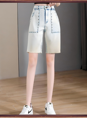 拓谷潮牌扎哈专柜夏季复古做旧直筒高腰毛边五分牛仔中裤女30647