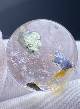 天然水晶包裹体双色蓝黄铜矿吊坠圆珠DIY铜矿单珠饰品项链17.5mm