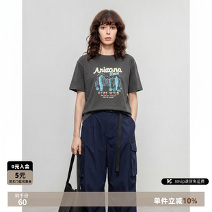 深灰色纯棉印花T恤女26夏季新款美式复古宽松显瘦休闲短袖上衣