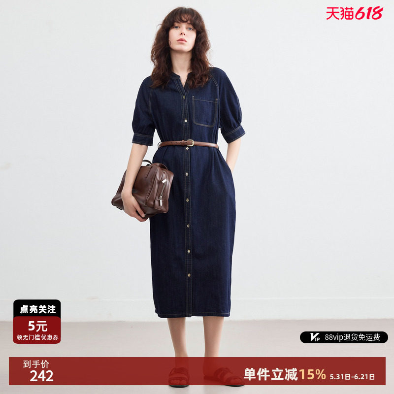 【蜜蜂欢乐社】德玛纳复古水洗牛仔连衣裙女26春季宽松休闲长裙