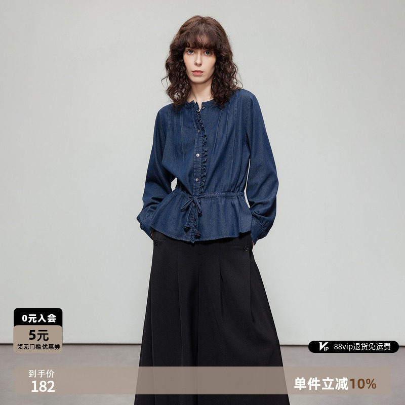 德玛纳文艺复古圆领牛仔衬衫女图片