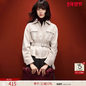 德玛纳机车风翻领PU皮衣外套女春秋新款 时髦系带小个子夹克上衣