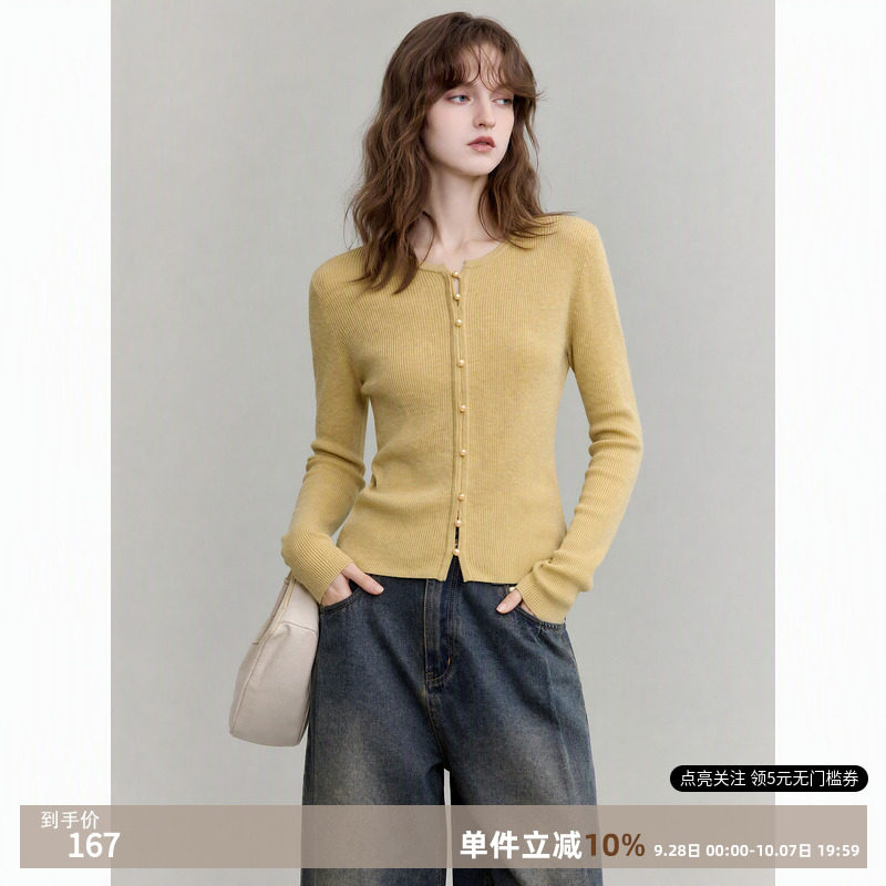 德玛纳假门襟V字圆领针织衫女26秋季新款气质显瘦小个子长袖线衫