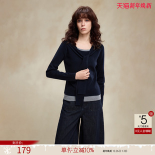 撞色圆领气质小个子线衫 德玛纳假两件披肩拼接绵羊毛针织衫 女春季