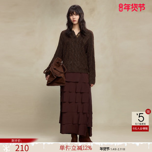 德玛纳复古风格纹拼接线衫女25冬季新款软糯绞花小个子针织衫上衣