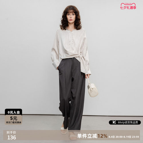 德玛纳商务通勤西装休闲裤女春秋新款褶节装饰小个子宽松直筒裤