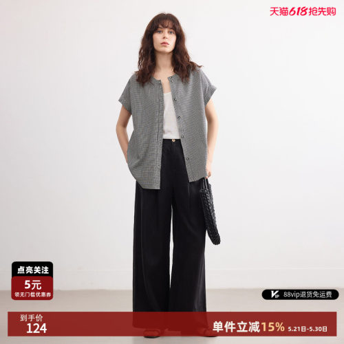 德玛纳文艺复古黑白格短袖衬衫