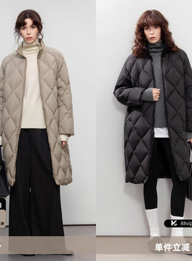 德玛纳90鸭绒中长款立领大码羽绒服女25冬季外套菱格绗线简约保暖