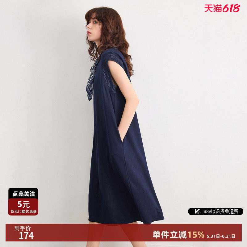 德玛纳优雅含丝巾圆领连衣裙女26夏季新款拼接褶皱无袖宽松中长裙