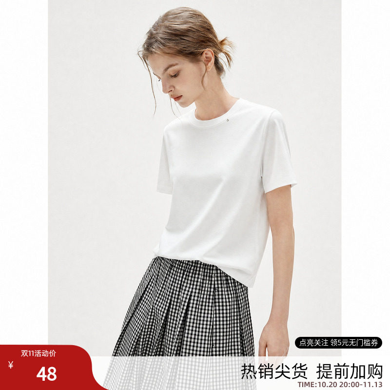 德玛纳莱赛尔混纺简约圆领T恤女26夏季新款通勤百搭基础短袖上衣