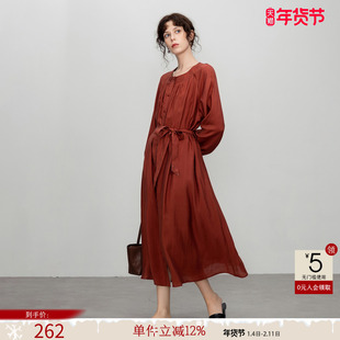 德玛纳甜美浪漫褶裥圆领连衣裙女春秋新款系带宽松大摆式娃娃裙