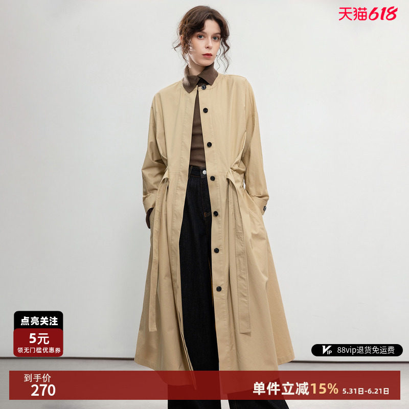 德玛纳文艺淡人半高圆领全棉风衣外套女春秋气质橡筋腰长款上衣