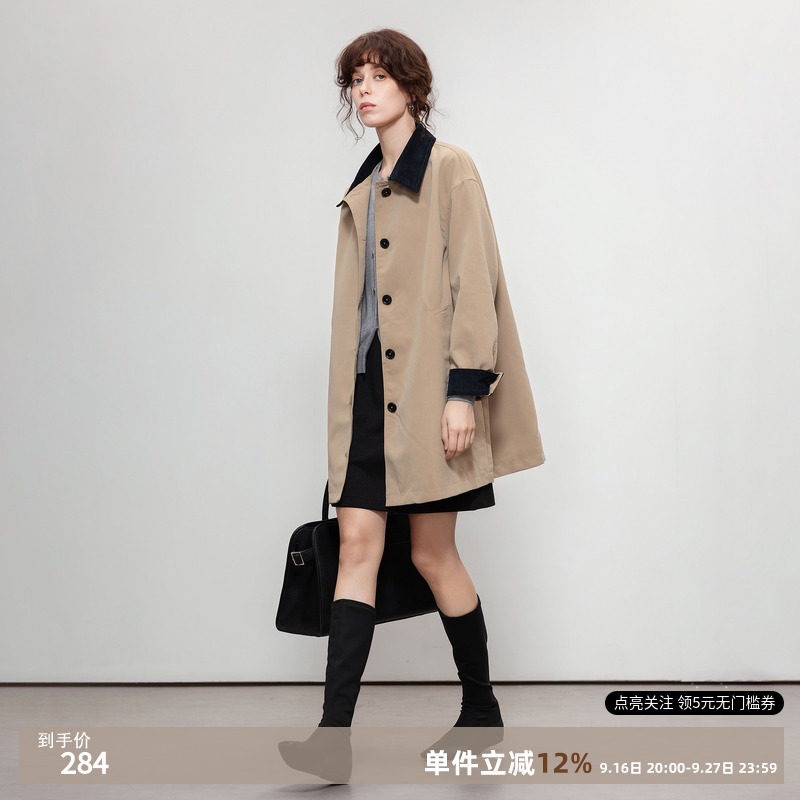 德玛纳复古风撞色翻领风衣外套女春秋新款通勤小个子中长款上衣										