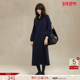 德玛纳半拉链高领针织连衣裙女25冬季新款气质灯笼袖腰带直筒长裙