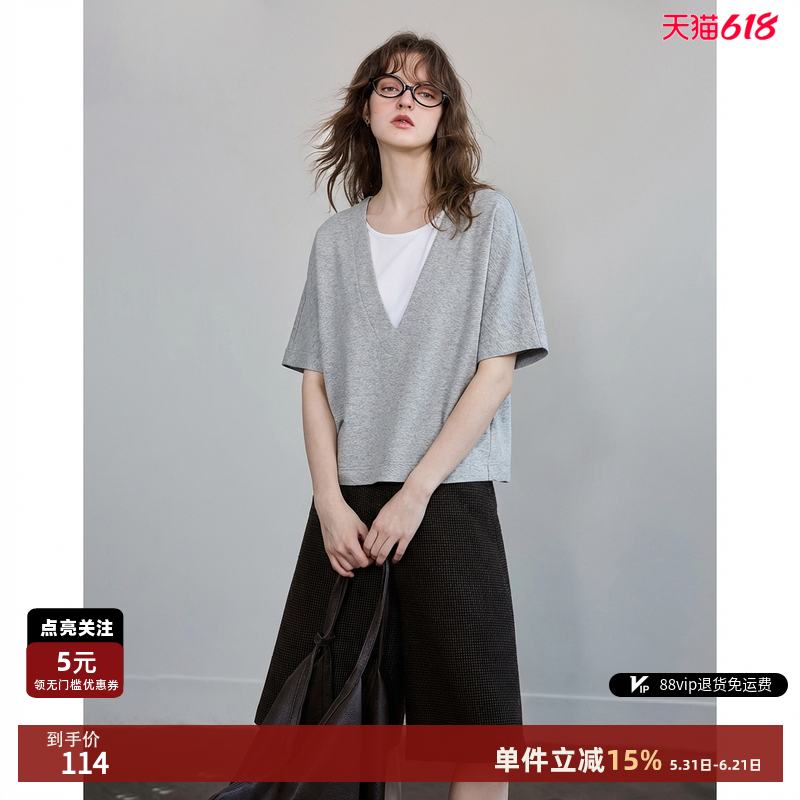 德玛纳假两件拼接空气层卫衣女26春季新款圆领五分袖简约休闲上衣
