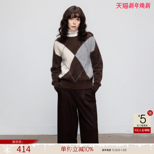 撞色线条气质针织衫 新款 上衣 女25冬季 德玛纳通勤风绵羊毛圆领线衫