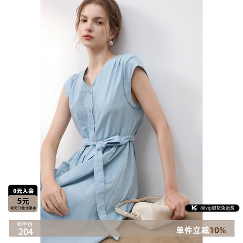 德玛纳夏季亚麻收腰A字连衣裙