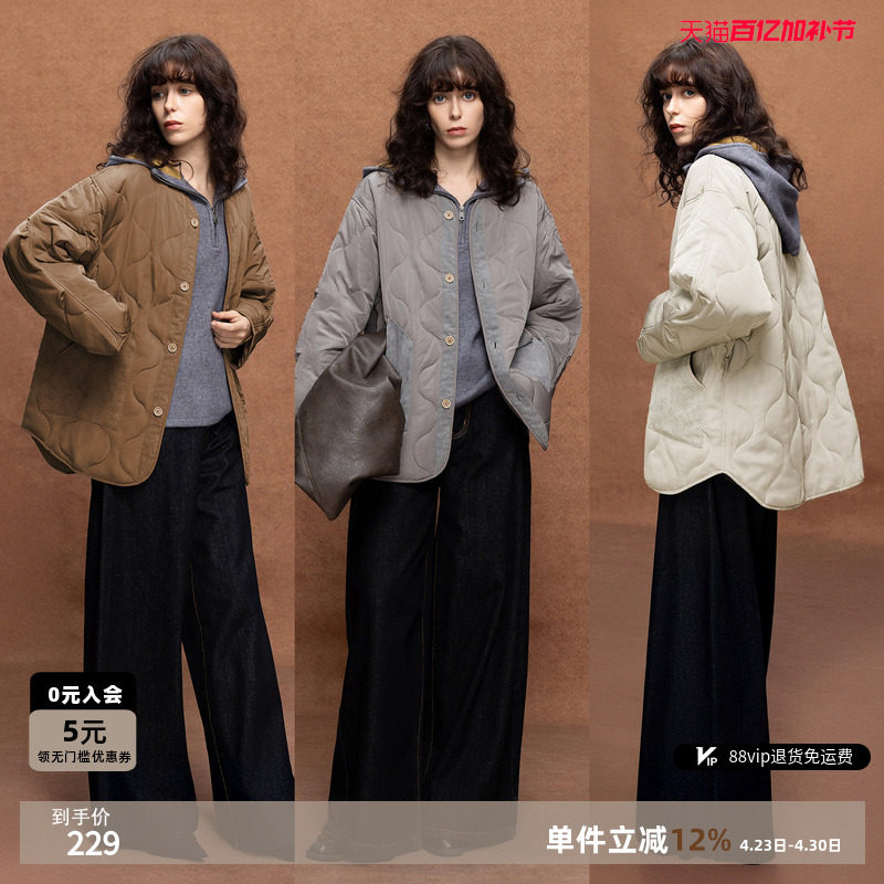 德玛纳拼接灯芯绒葫芦绗线棉衣女25冬季新款简约中长保暖棉服外套